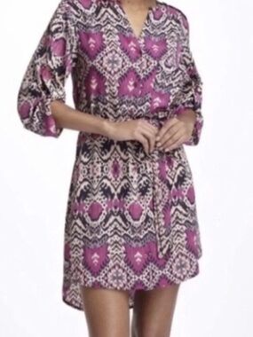Maeve Pink and Black Ikat Wrap Mini Dress